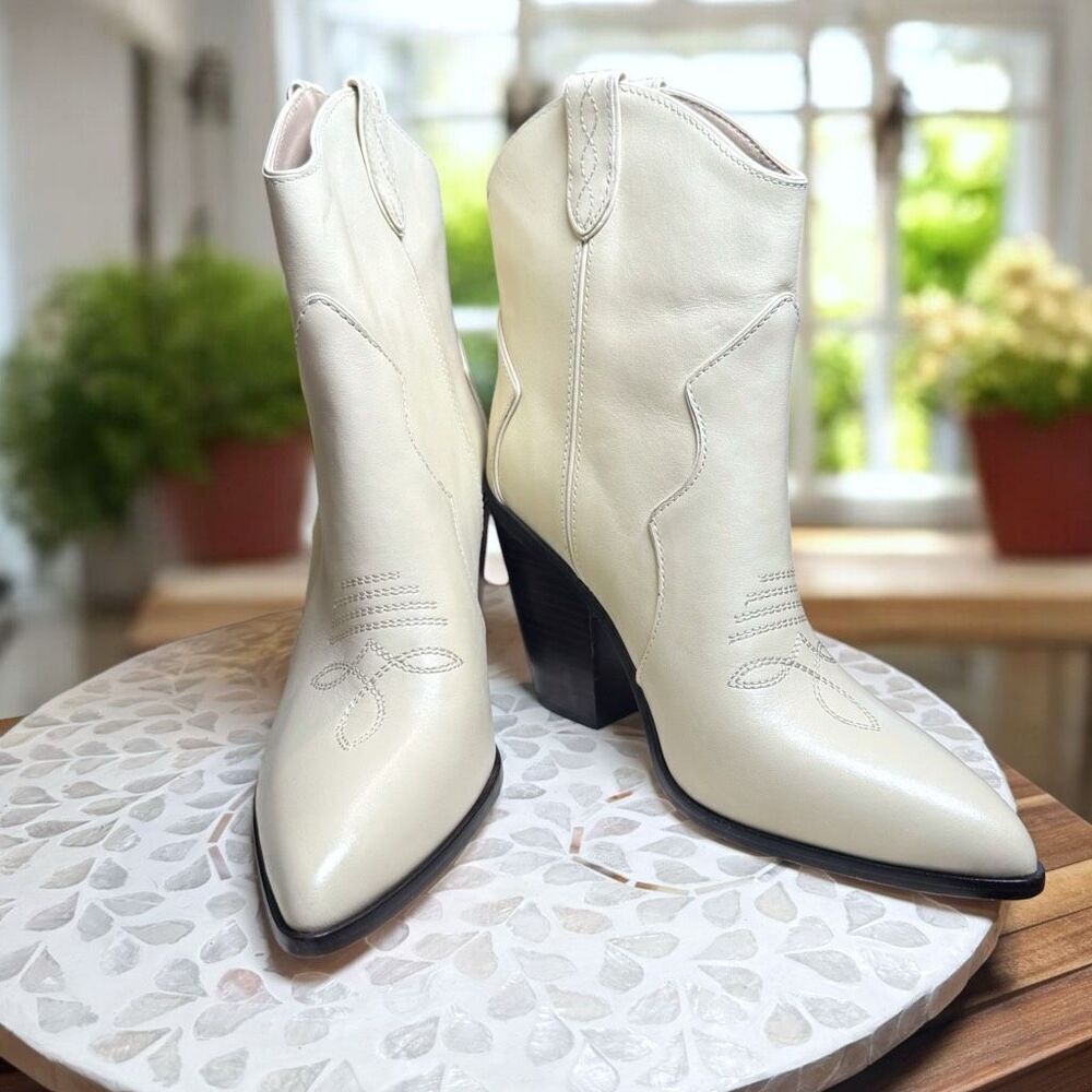 PAIGE $378 Porter Ankle Boot Ivory Western Pointed Toe Leather Block Heel Women’